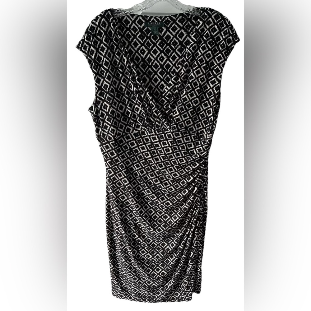 Ralph Lauren LRL Dress Size 18 Black & Off White Geometric Stretch Ruched EUC
